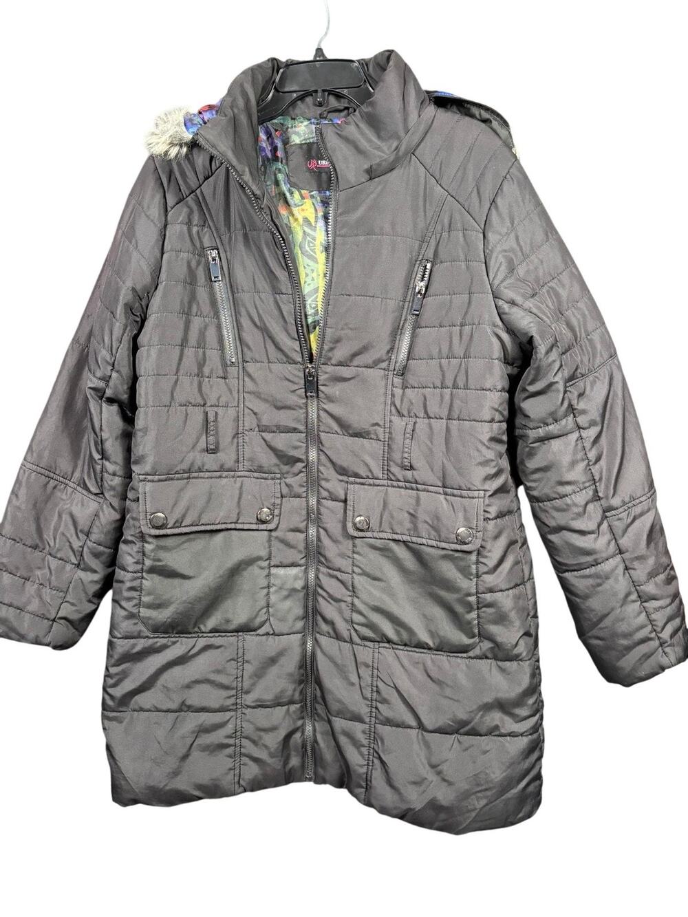 Urban Republic Jacket Womens XL Black Quilted Faux Fur Hood Parka Coat Winter